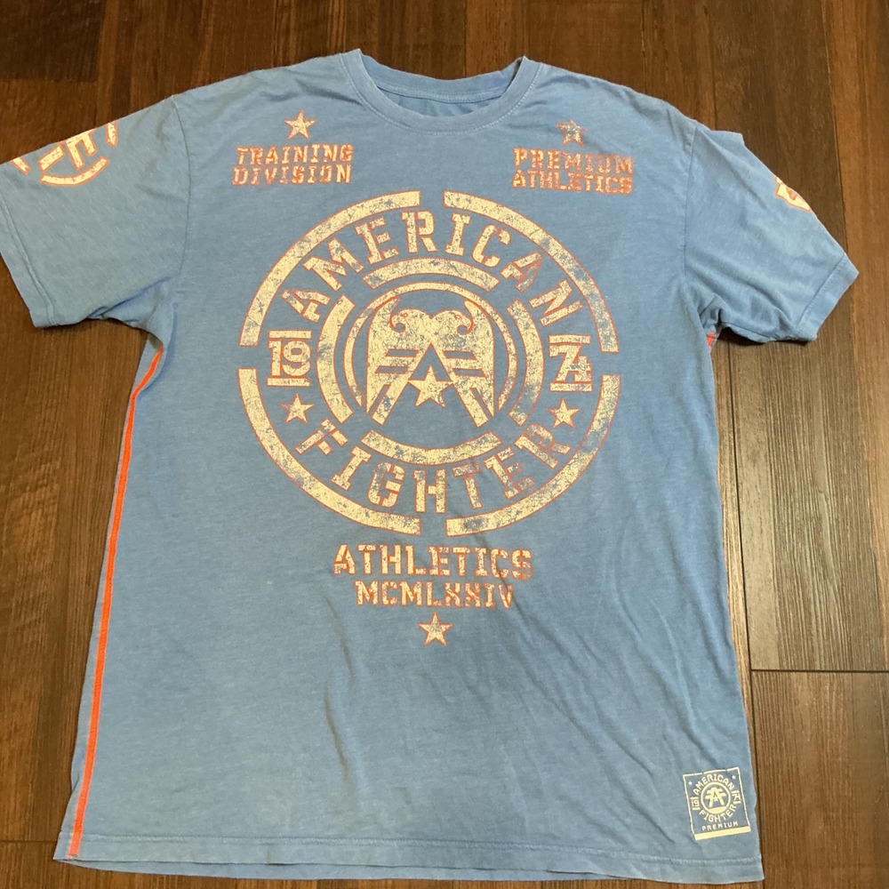 American Fighter Graphic T-Shirt Blue Distressed Athletics Logo XL Mens Tee